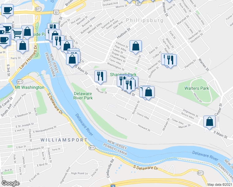 map of restaurants, bars, coffee shops, grocery stores, and more near River Street in Phillipsburg