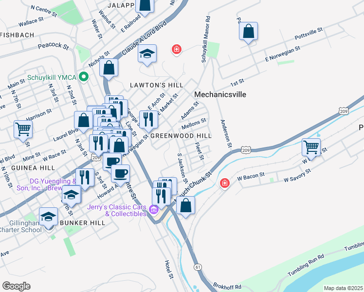 map of restaurants, bars, coffee shops, grocery stores, and more near 124 South Jackson Street in Pottsville