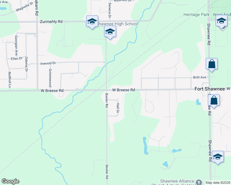 map of restaurants, bars, coffee shops, grocery stores, and more near 3187 West Breese Road in Cridersville