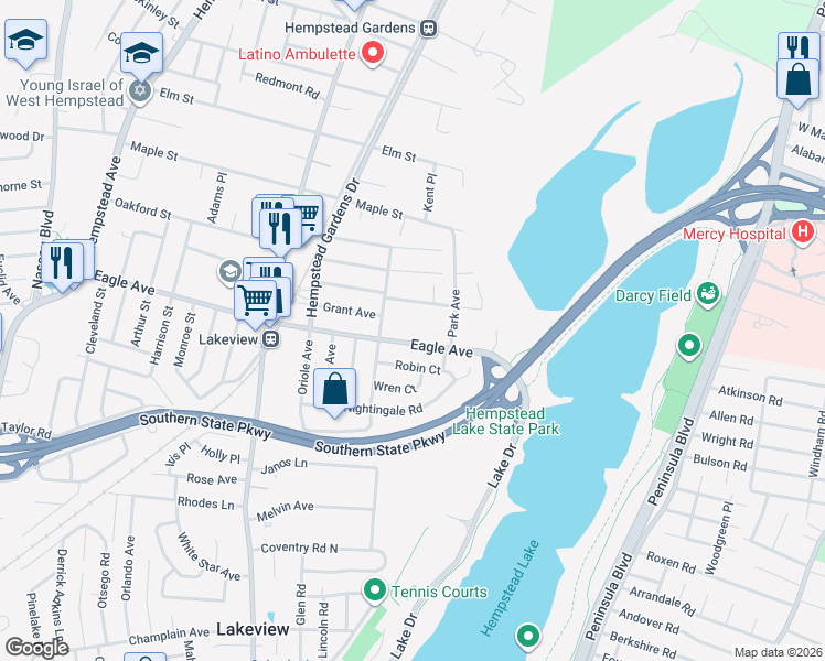 map of restaurants, bars, coffee shops, grocery stores, and more near 633 Eagle Avenue in West Hempstead