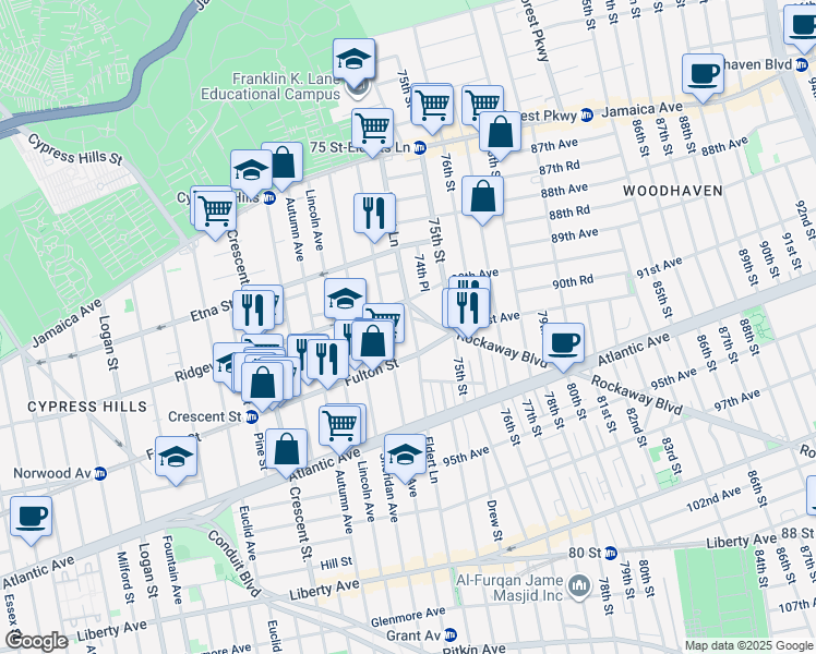 map of restaurants, bars, coffee shops, grocery stores, and more near 208 Eldert Lane in Brooklyn