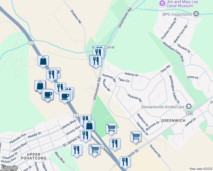 map of restaurants, bars, coffee shops, grocery stores, and more near 127 Revere Road in Stewartsville