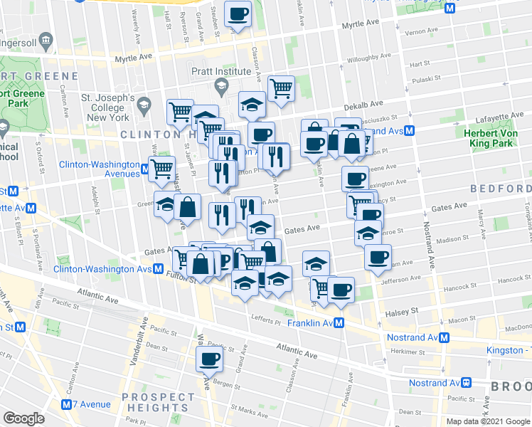 map of restaurants, bars, coffee shops, grocery stores, and more near 27 Quincy Street in Brooklyn