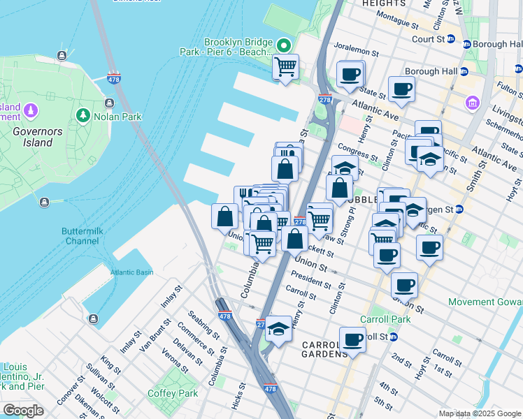map of restaurants, bars, coffee shops, grocery stores, and more near 182 Columbia Street in Brooklyn