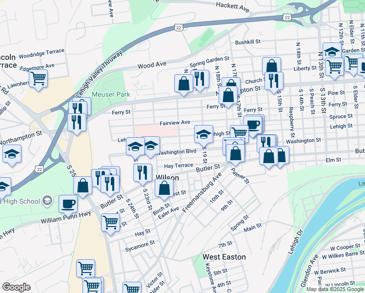 map of restaurants, bars, coffee shops, grocery stores, and more near 220 South 20th Street in Easton