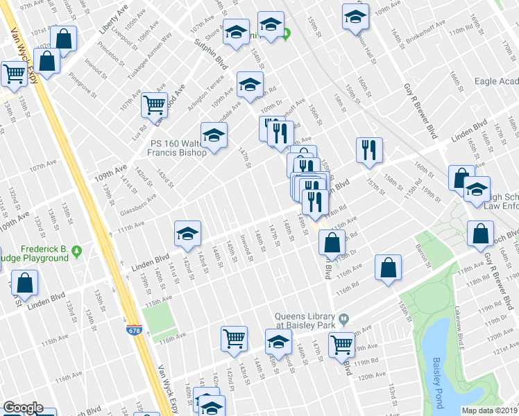 map of restaurants, bars, coffee shops, grocery stores, and more near 111-66 Liverpool Street in Queens