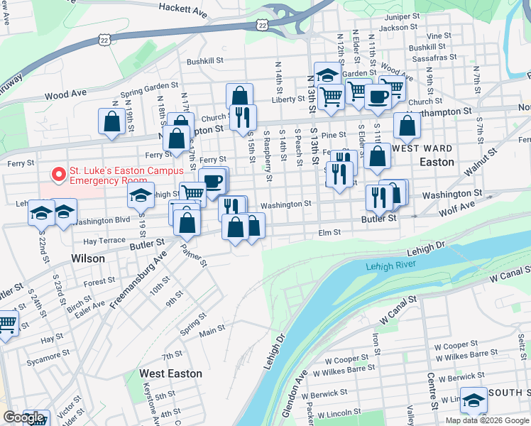map of restaurants, bars, coffee shops, grocery stores, and more near 1440 Washington Street in Easton