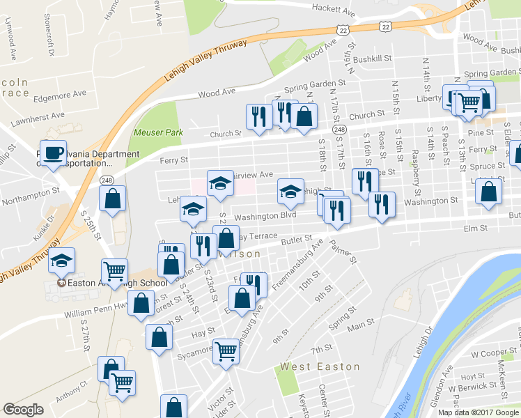 map of restaurants, bars, coffee shops, grocery stores, and more near 220 South 20th Street in Easton