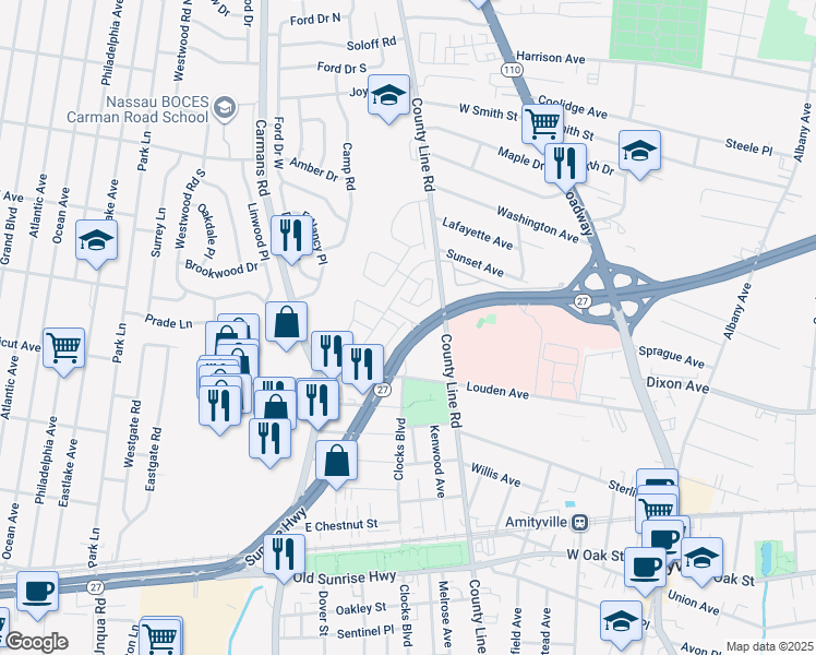 map of restaurants, bars, coffee shops, grocery stores, and more near 1 Warwick Drive in Massapequa