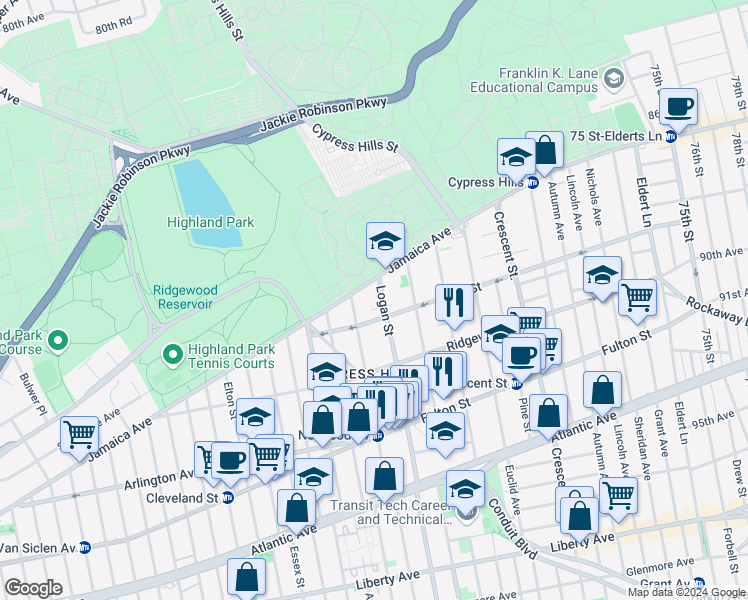 map of restaurants, bars, coffee shops, grocery stores, and more near 28 Logan Street in Brooklyn