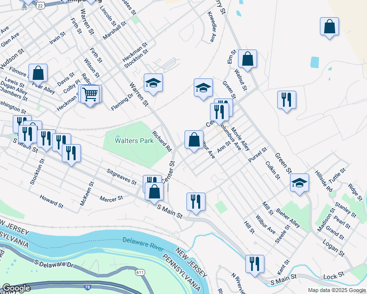 map of restaurants, bars, coffee shops, grocery stores, and more near 320 Center Street in Phillipsburg