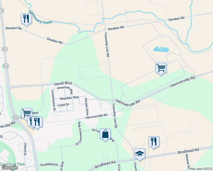 map of restaurants, bars, coffee shops, grocery stores, and more near 215 Township Line Road in Bethlehem