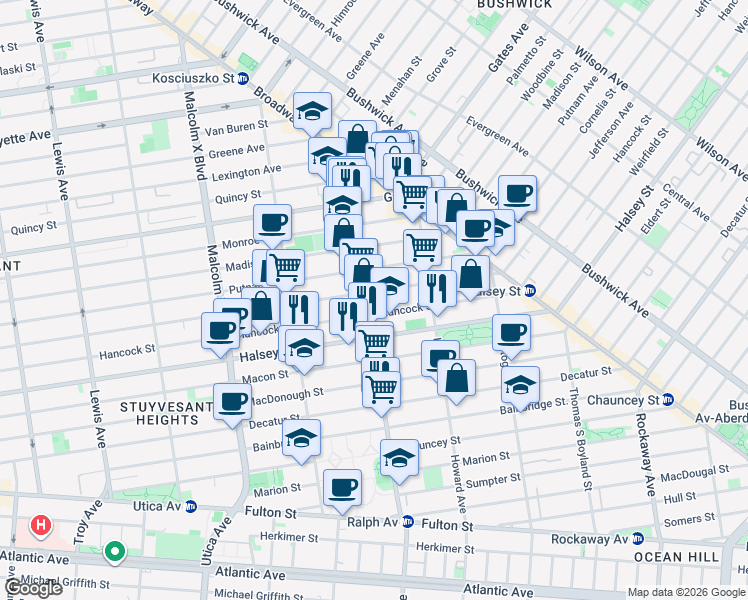 map of restaurants, bars, coffee shops, grocery stores, and more near 119 Ralph Avenue in Brooklyn