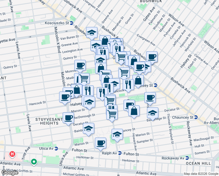 map of restaurants, bars, coffee shops, grocery stores, and more near 115 Ralph Avenue in Brooklyn