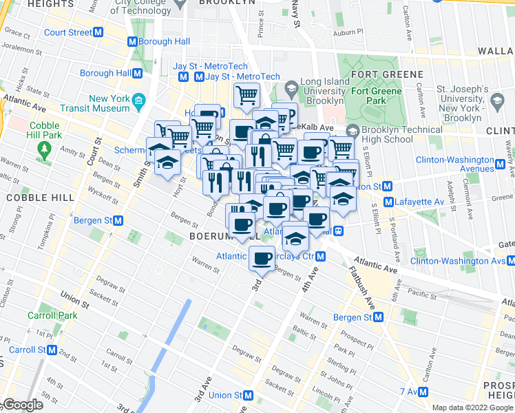 map of restaurants, bars, coffee shops, grocery stores, and more near Atlantic Ave & Nevins St in Brooklyn