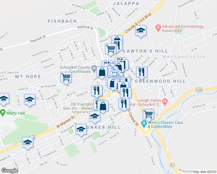 map of restaurants, bars, coffee shops, grocery stores, and more near 200 North 2nd Street in Pottsville