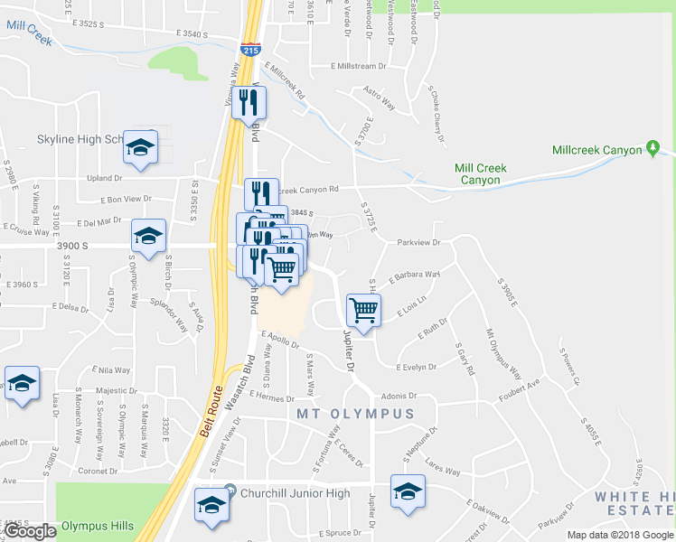 map of restaurants, bars, coffee shops, grocery stores, and more near 3675 East Juno Circle in Salt Lake City