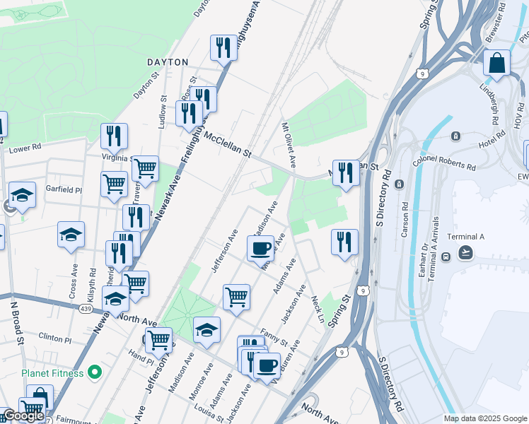 map of restaurants, bars, coffee shops, grocery stores, and more near 1100 Madison Avenue in Elizabeth