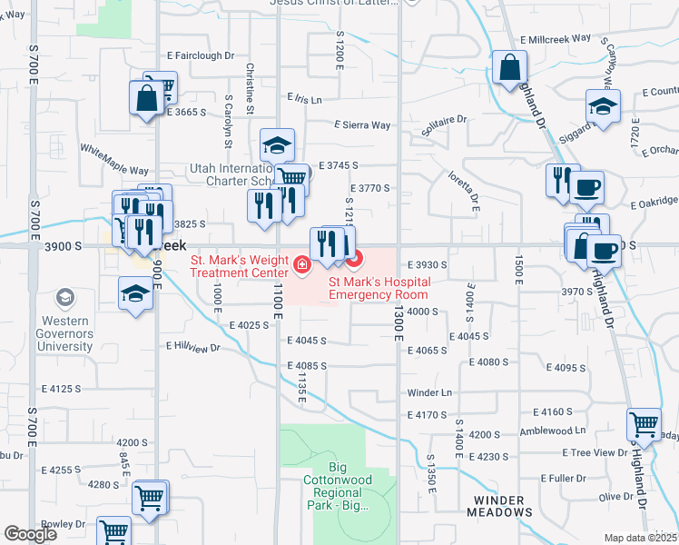 map of restaurants, bars, coffee shops, grocery stores, and more near 1250 East 3900 South in Millcreek
