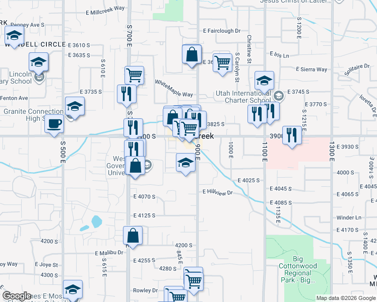 map of restaurants, bars, coffee shops, grocery stores, and more near 880 East 3900 South in Salt Lake City