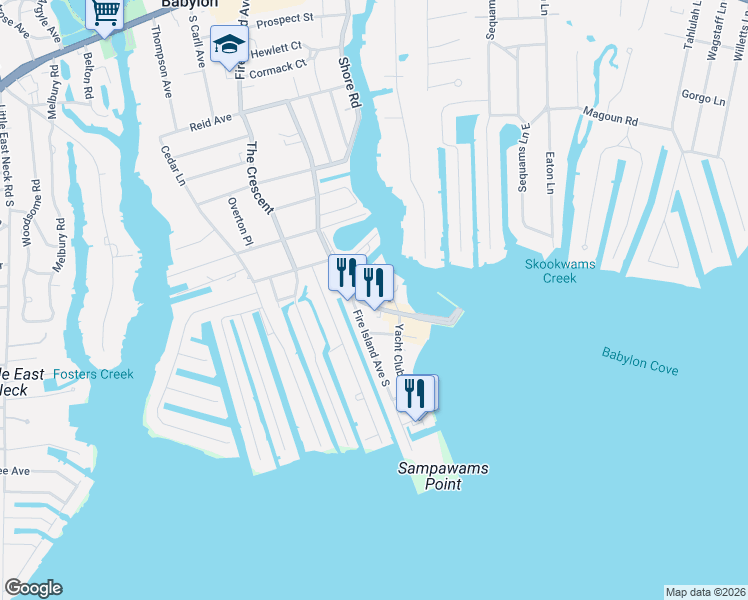 map of restaurants, bars, coffee shops, grocery stores, and more near 427 Fire Island Avenue in Babylon