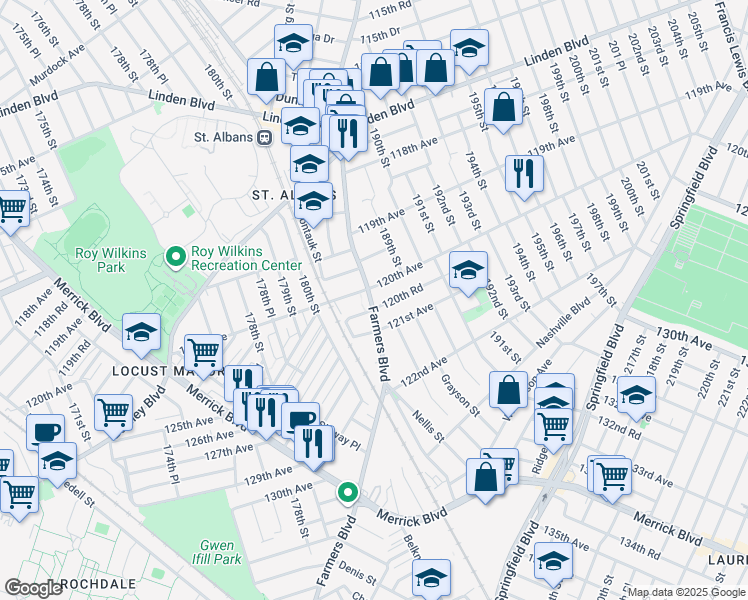map of restaurants, bars, coffee shops, grocery stores, and more near 120-9 Farmers Boulevard in Queens