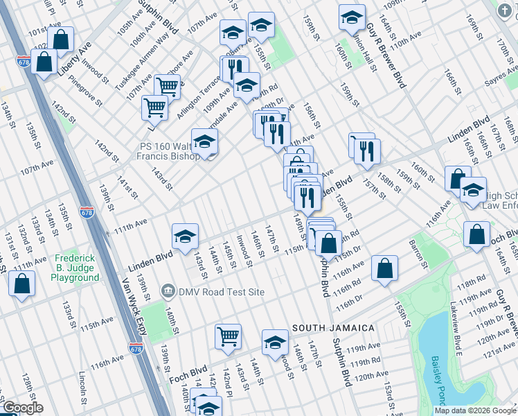 map of restaurants, bars, coffee shops, grocery stores, and more near 111-66 Liverpool Street in Queens