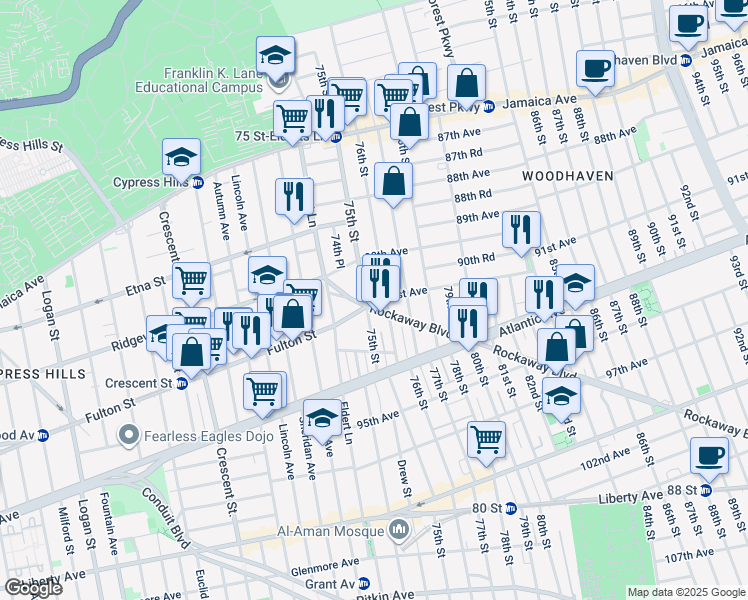 map of restaurants, bars, coffee shops, grocery stores, and more near 75-11 Rockaway Boulevard in Queens