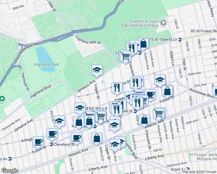 map of restaurants, bars, coffee shops, grocery stores, and more near 196 Etna Street in Brooklyn
