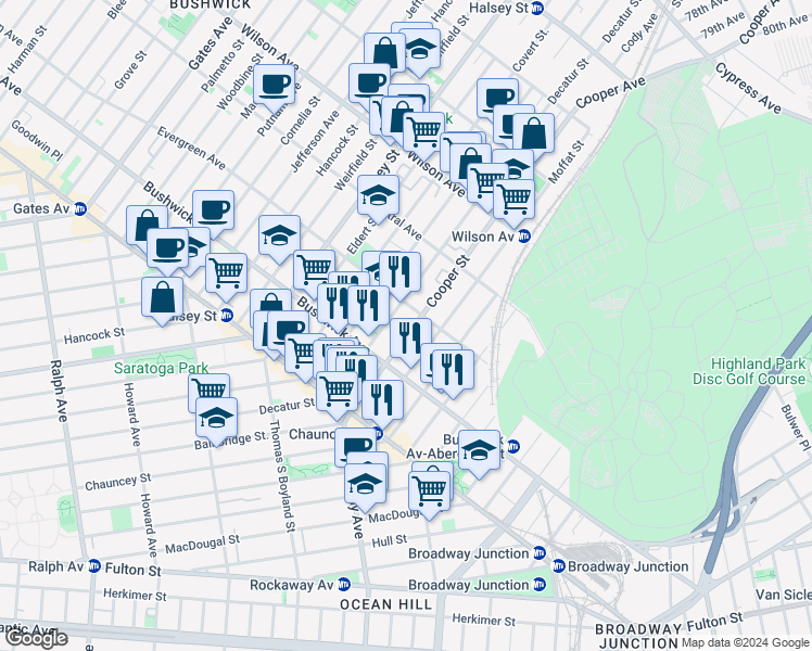 map of restaurants, bars, coffee shops, grocery stores, and more near 83A Cooper Street in Brooklyn