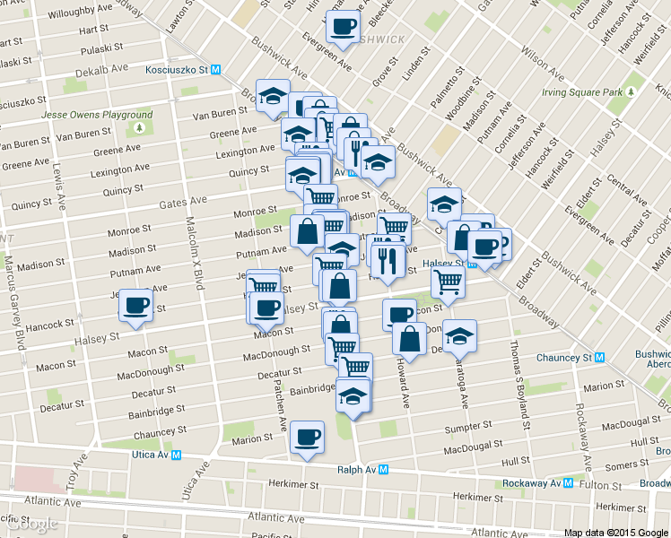 map of restaurants, bars, coffee shops, grocery stores, and more near 119 Ralph Avenue in Brooklyn