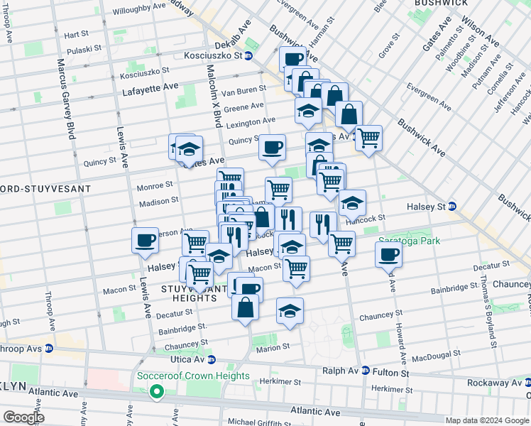 map of restaurants, bars, coffee shops, grocery stores, and more near 769 Jefferson Avenue in Brooklyn