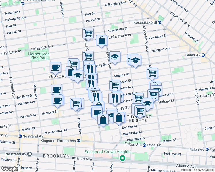map of restaurants, bars, coffee shops, grocery stores, and more near 538 Madison Street in Brooklyn