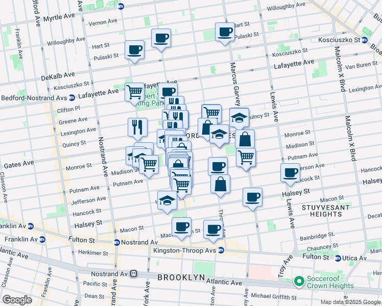 map of restaurants, bars, coffee shops, grocery stores, and more near 364 Monroe Street in Brooklyn