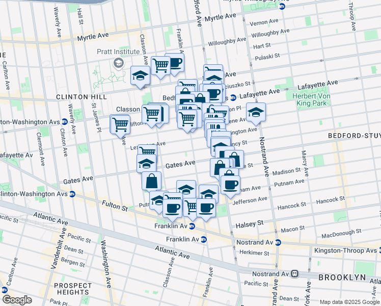 map of restaurants, bars, coffee shops, grocery stores, and more near 94 Quincy Street in Brooklyn