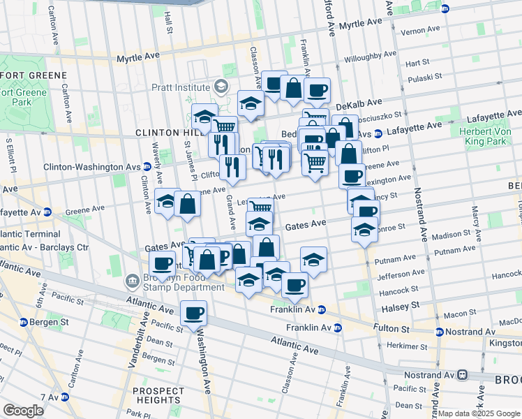 map of restaurants, bars, coffee shops, grocery stores, and more near 25 Quincy Street in Brooklyn