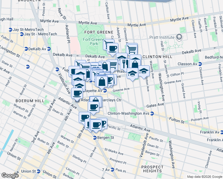 map of restaurants, bars, coffee shops, grocery stores, and more near 19 Greene Avenue in Brooklyn