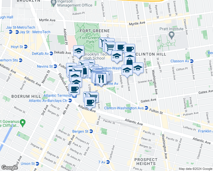 map of restaurants, bars, coffee shops, grocery stores, and more near 19 Greene Avenue in Brooklyn