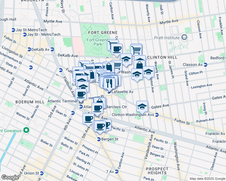 map of restaurants, bars, coffee shops, grocery stores, and more near 19 Greene Avenue in Brooklyn