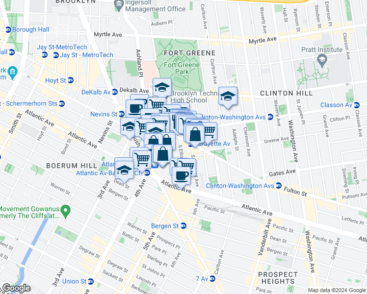 map of restaurants, bars, coffee shops, grocery stores, and more near 116 South Elliott Place in Brooklyn