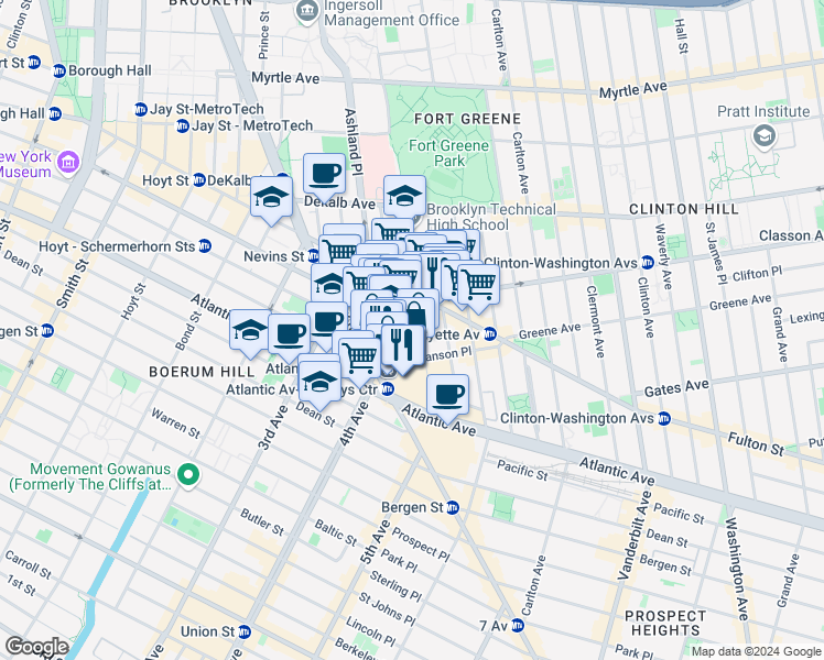 map of restaurants, bars, coffee shops, grocery stores, and more near 121 Saint Felix Street in Brooklyn