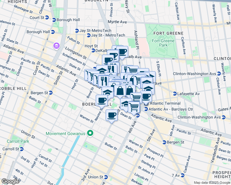 map of restaurants, bars, coffee shops, grocery stores, and more near 489 Atlantic Avenue in Brooklyn