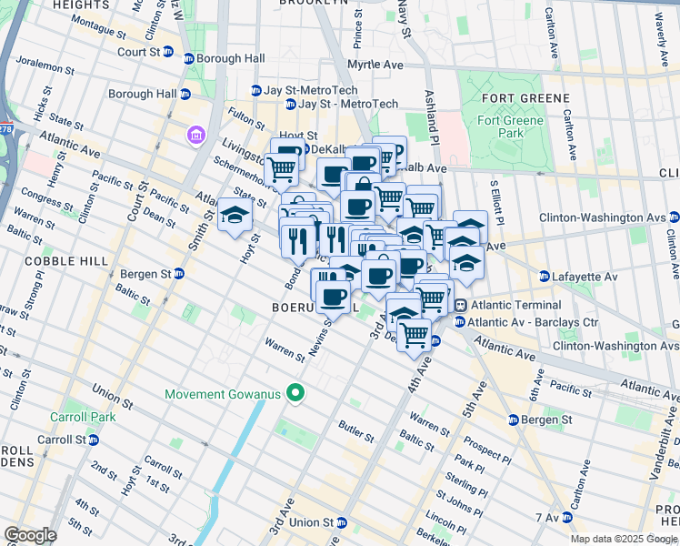 map of restaurants, bars, coffee shops, grocery stores, and more near 460 Atlantic Avenue in Brooklyn