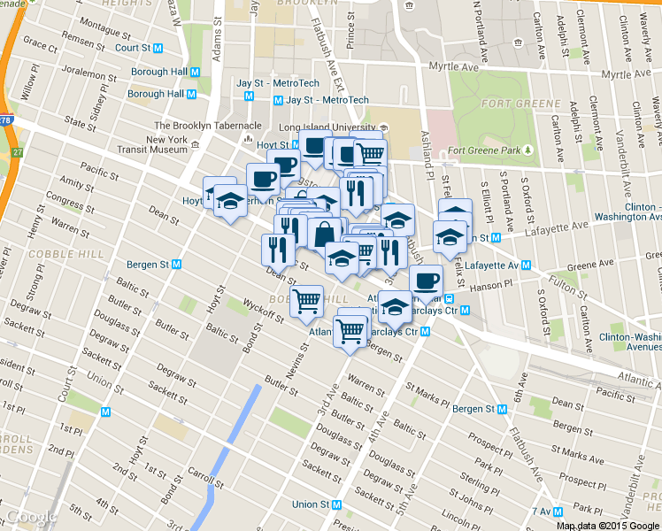 map of restaurants, bars, coffee shops, grocery stores, and more near 460 Atlantic Avenue in Brooklyn