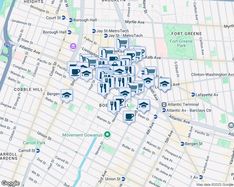 map of restaurants, bars, coffee shops, grocery stores, and more near 415 Pacific Street in Brooklyn