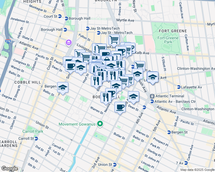 map of restaurants, bars, coffee shops, grocery stores, and more near 415 Pacific Street in Brooklyn