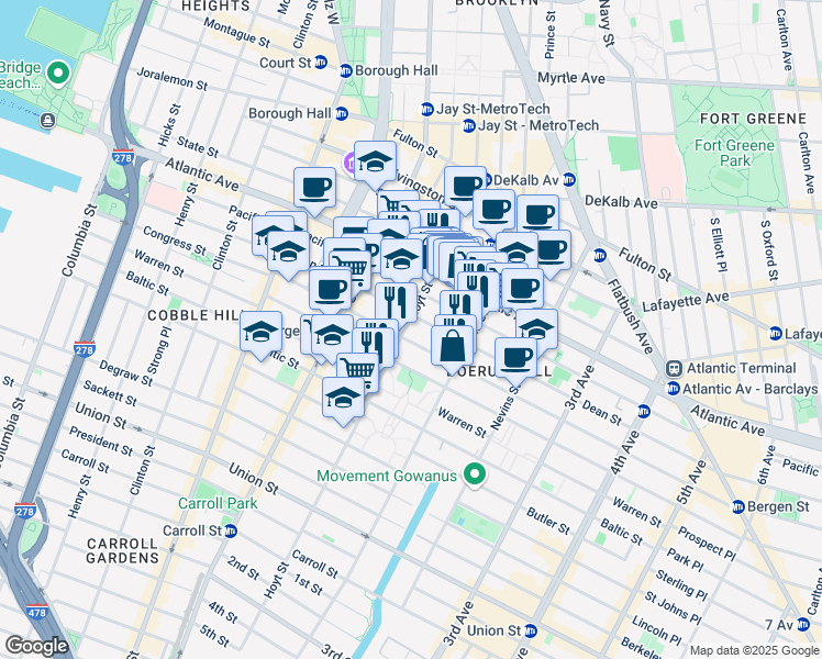 map of restaurants, bars, coffee shops, grocery stores, and more near 148 Dean Street in Brooklyn