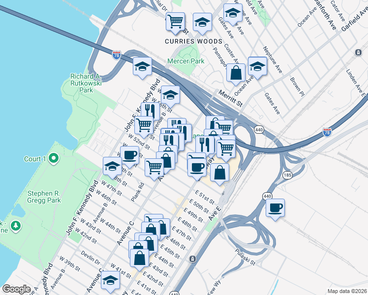 map of restaurants, bars, coffee shops, grocery stores, and more near 1095 Avenue C in Bayonne