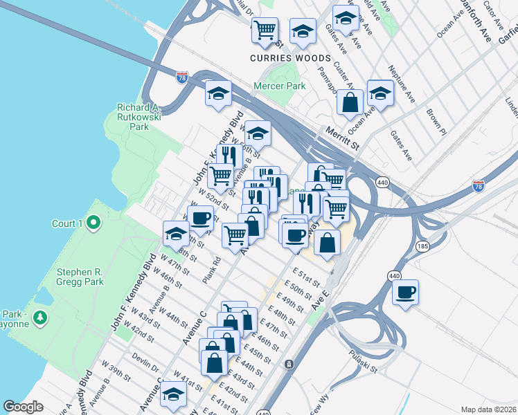 map of restaurants, bars, coffee shops, grocery stores, and more near 1095 Avenue C in Bayonne