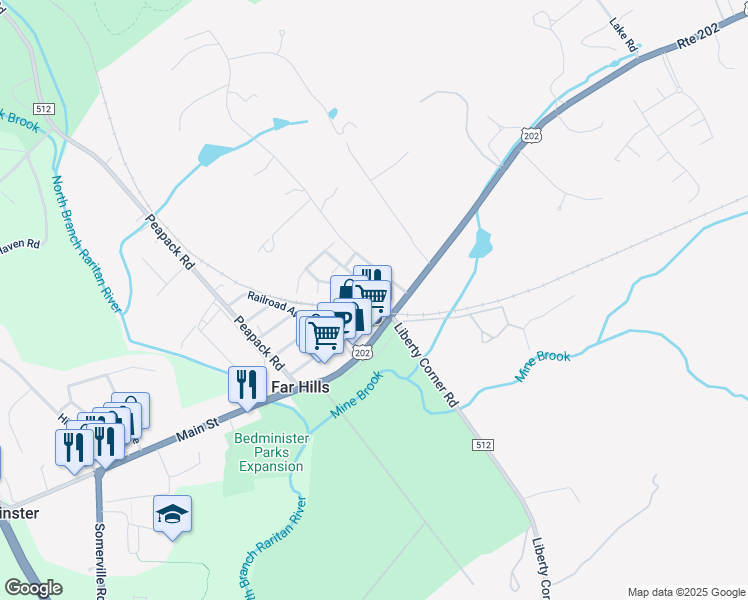 map of restaurants, bars, coffee shops, grocery stores, and more near 18D Ashington Club Road in Far Hills